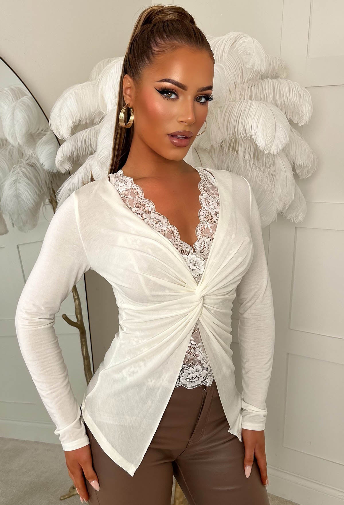 Flirty Fawn White Jersey Lace Knot Top