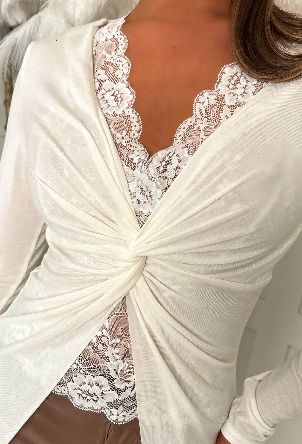 Flirty Fawn White Jersey Lace Knot Top