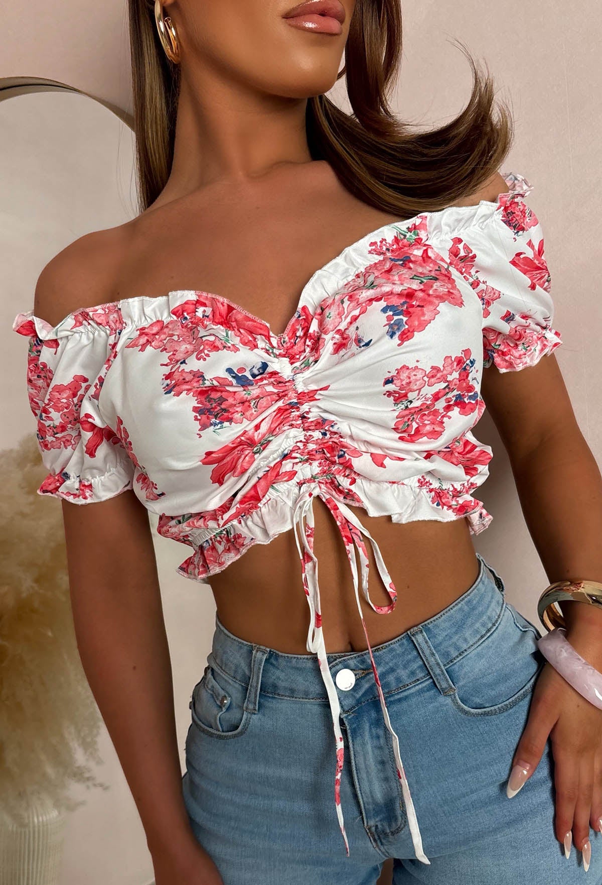 Flirty Feeling Pink Floral Ruched Top