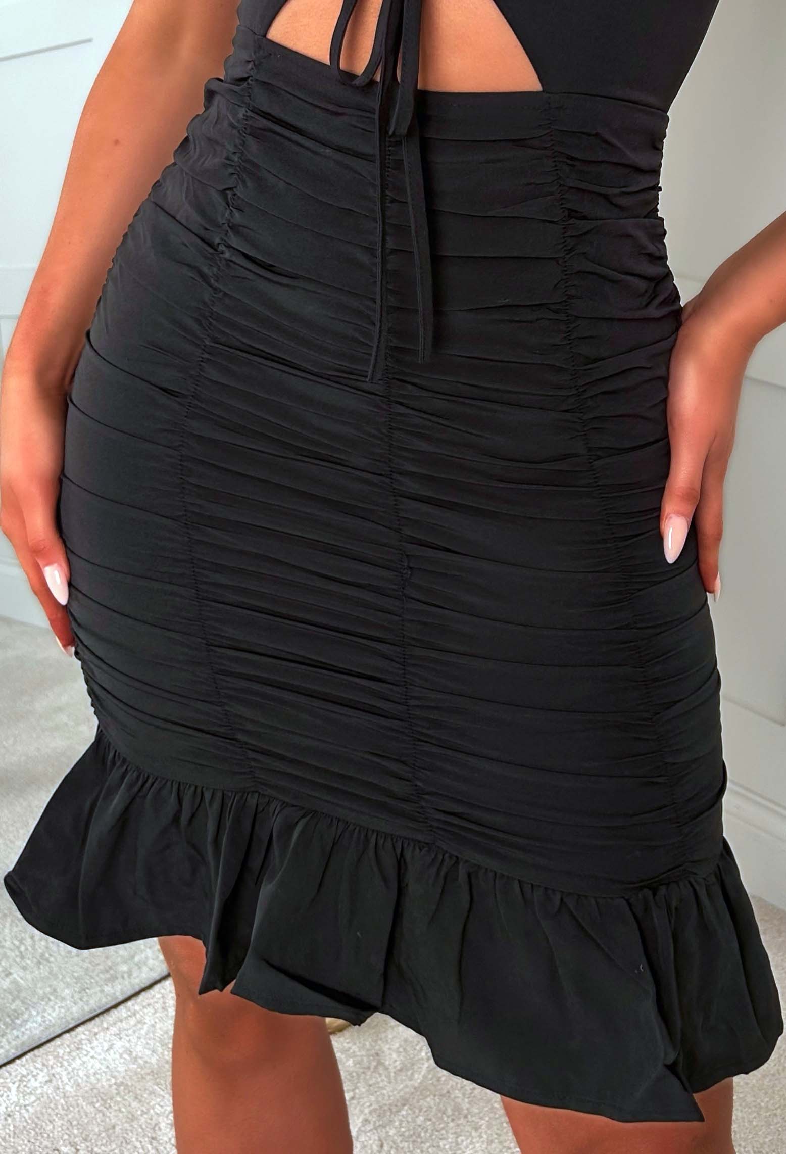 Flirty Flutter Black Ruched Cut Out Mini Dress