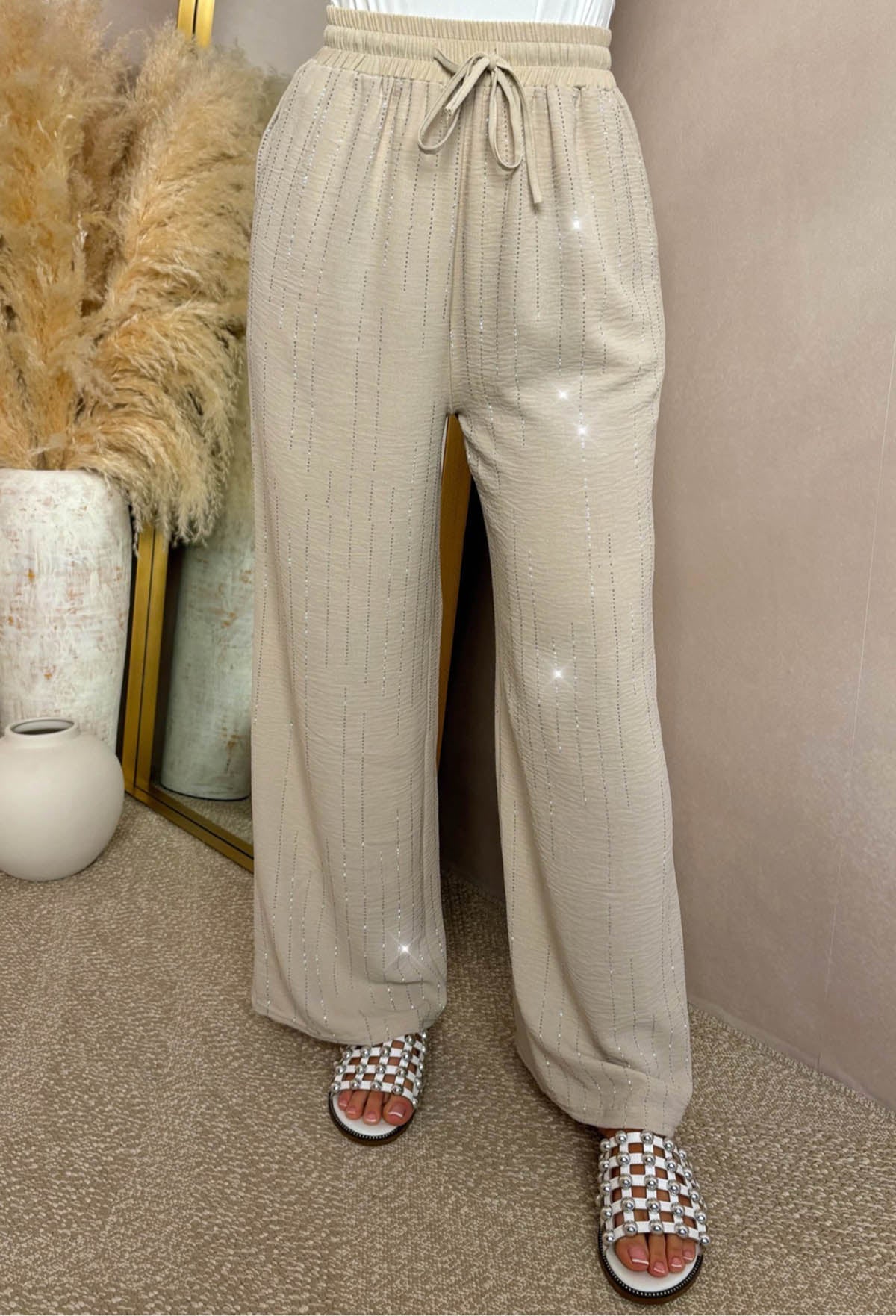 Flirty Sips Beige Diamante Straight Leg Elasticated Trousers