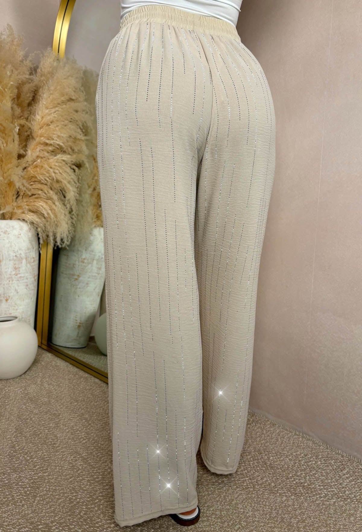 Flirty Sips Beige Diamante Straight Leg Elasticated Trousers