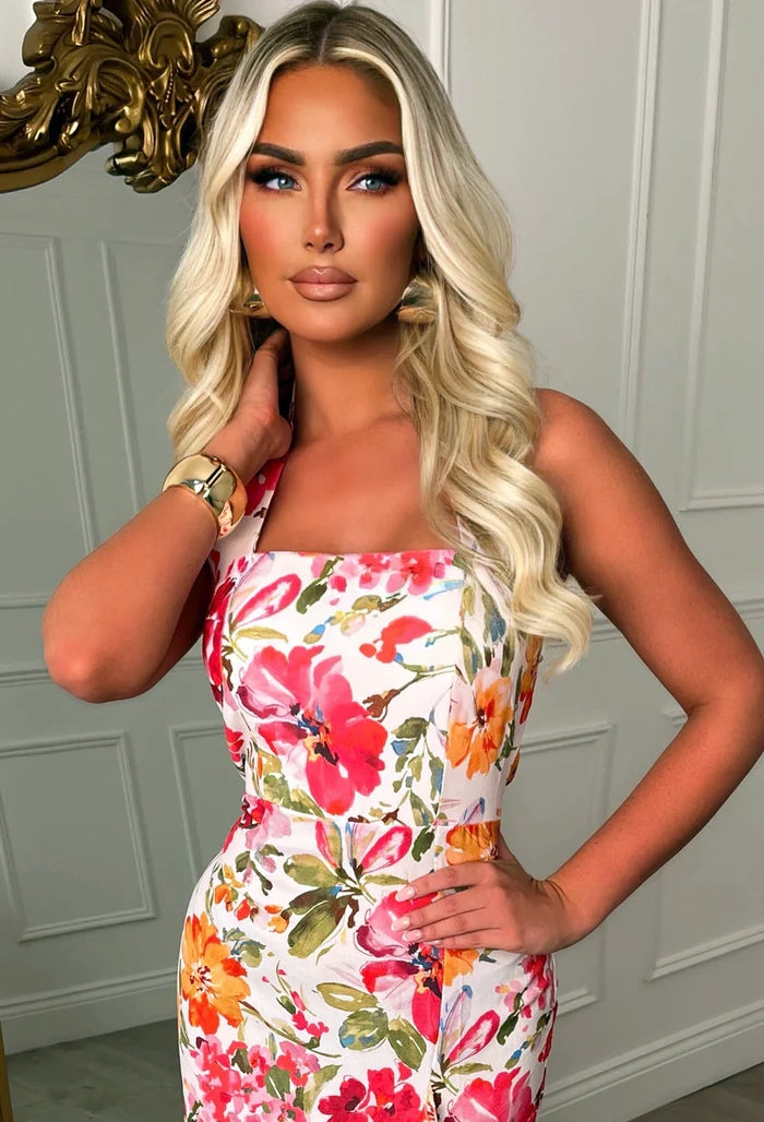 Floral Fantasy Multi Frill Front Halter Floral Midi Dress