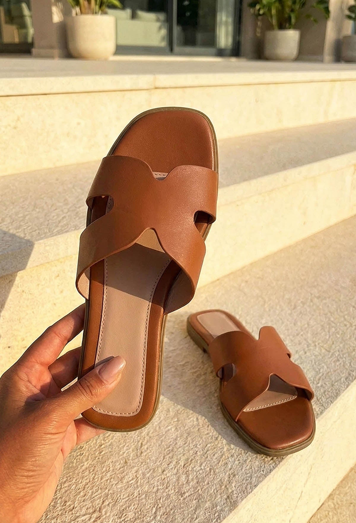 Forever You Tan Faux Leather Sliders