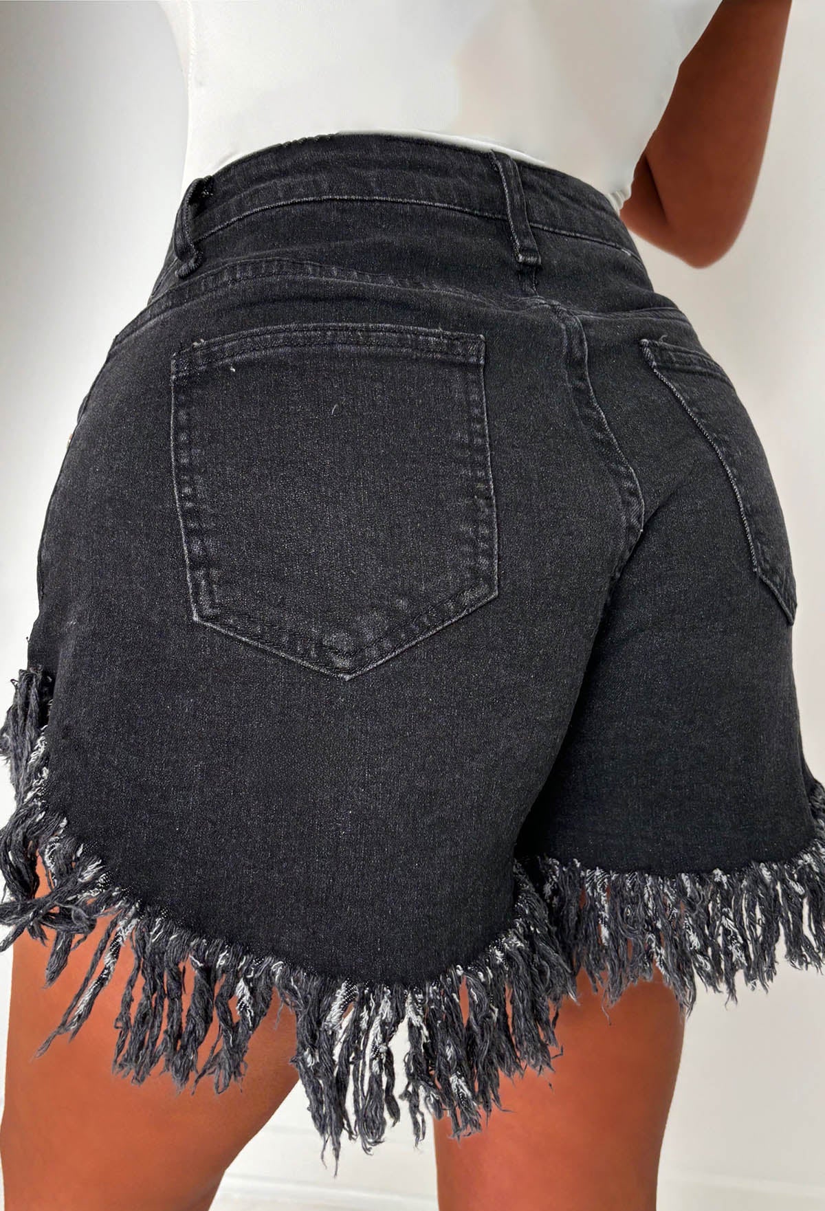 Frayed & Frantic Black Frayed Cut Off Stretch Denim Shorts