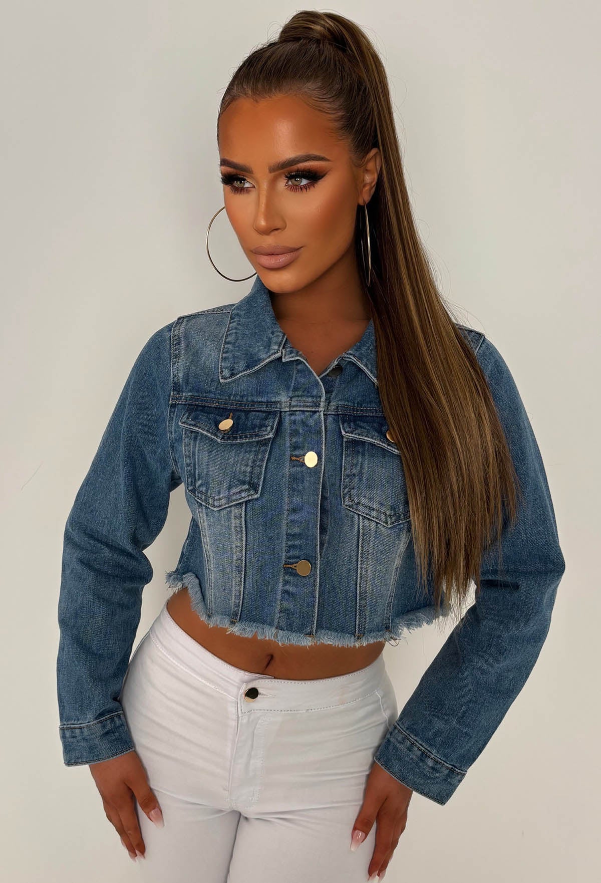 Frayed To See You Mid Blue Frayed Cropped Denim Jacket