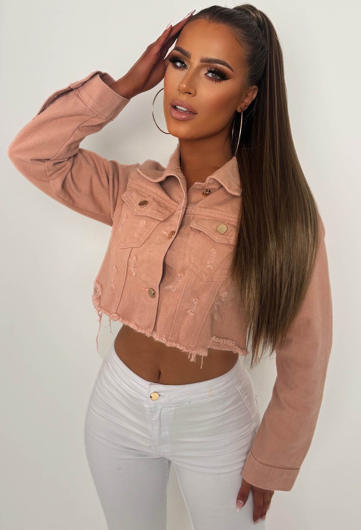 Frayed To See You Light Pink Stretch Cut Off Denim Jacket