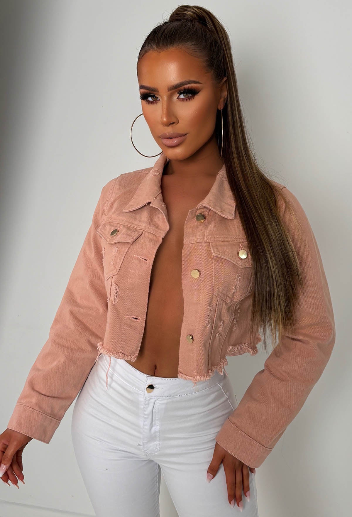 Frayed To See You Light Pink Stretch Cut Off Denim Jacket