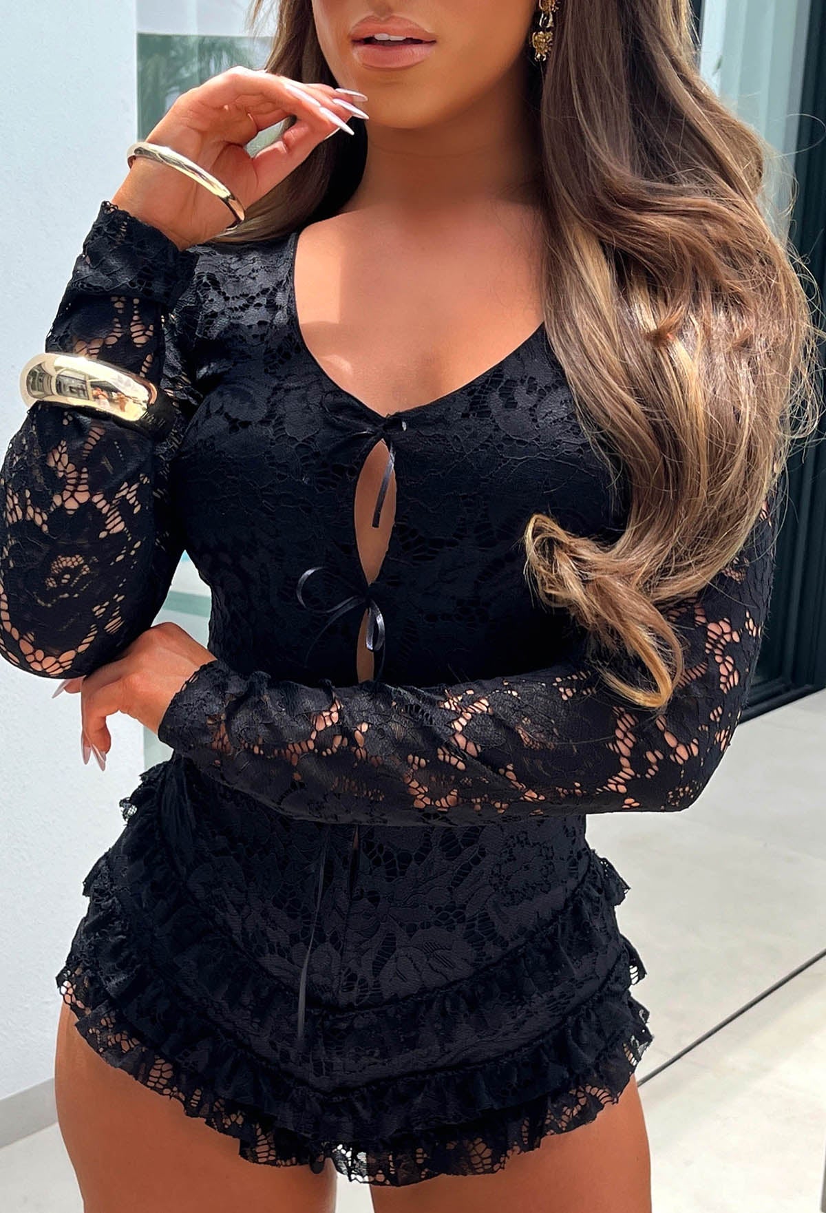 French Fancie Black Frilly Bow Front Backless Playsuit