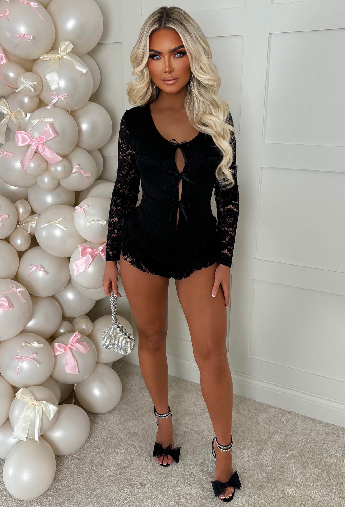 French Fancie Black Frilly Bow Front Backless Playsuit