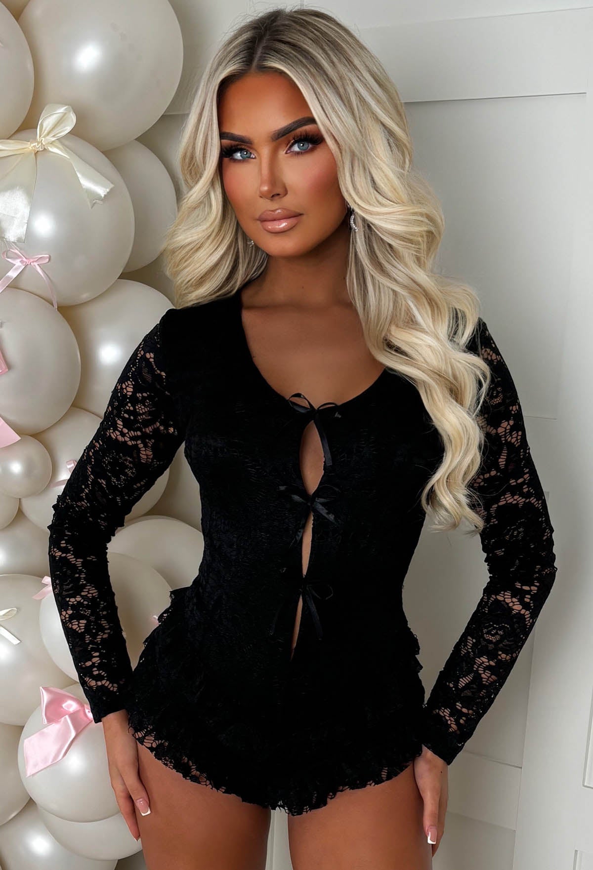 French Fancie Black Frilly Bow Front Backless Playsuit