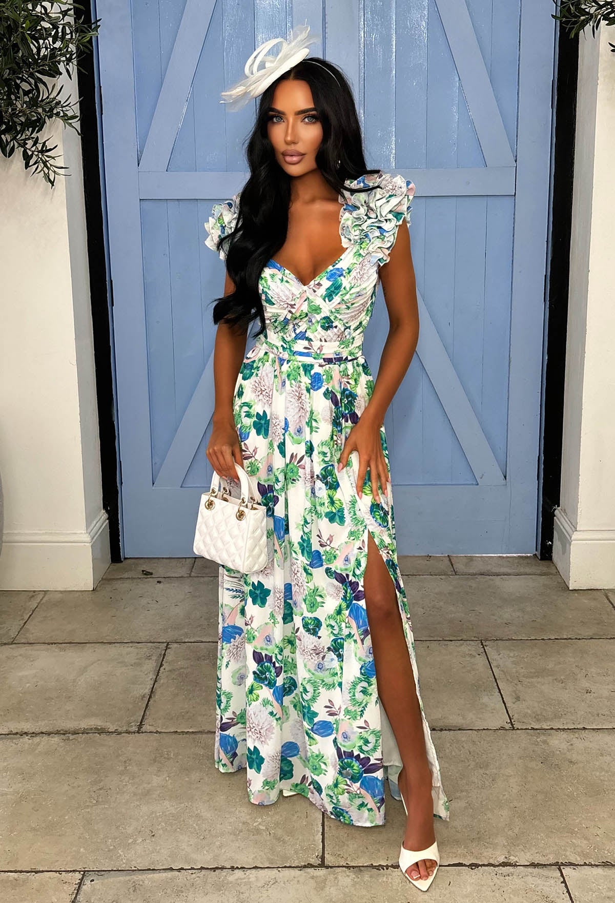 Frill Fantasy Blue Frill Shoulder Floral Maxi Dress