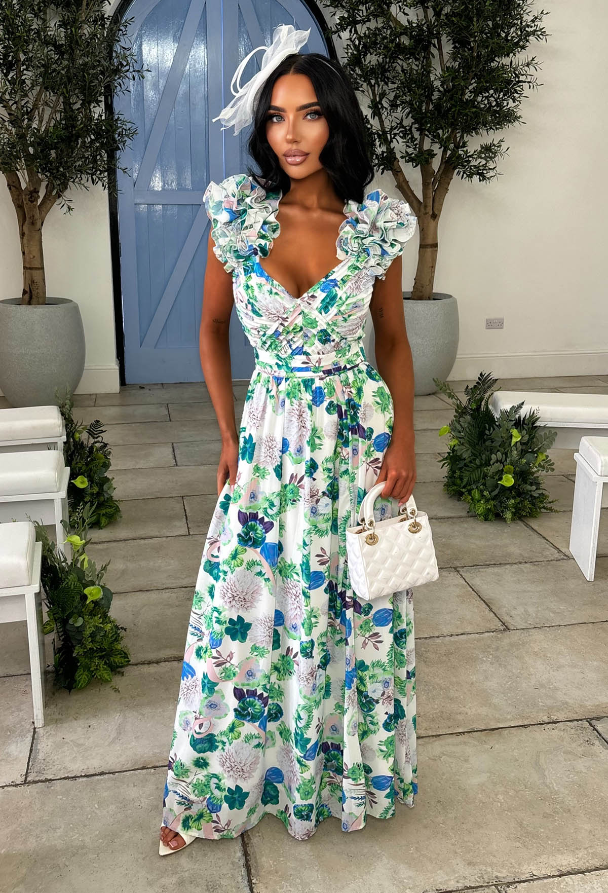 Frill Fantasy Blue Frill Shoulder Floral Maxi Dress