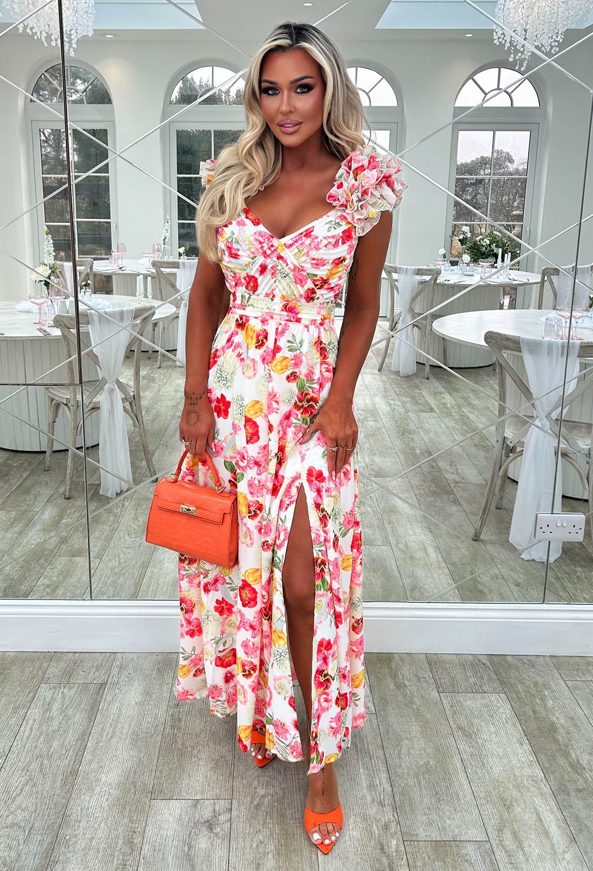 Frill Fantasy Pink Frill Shoulder Floral Maxi Dress