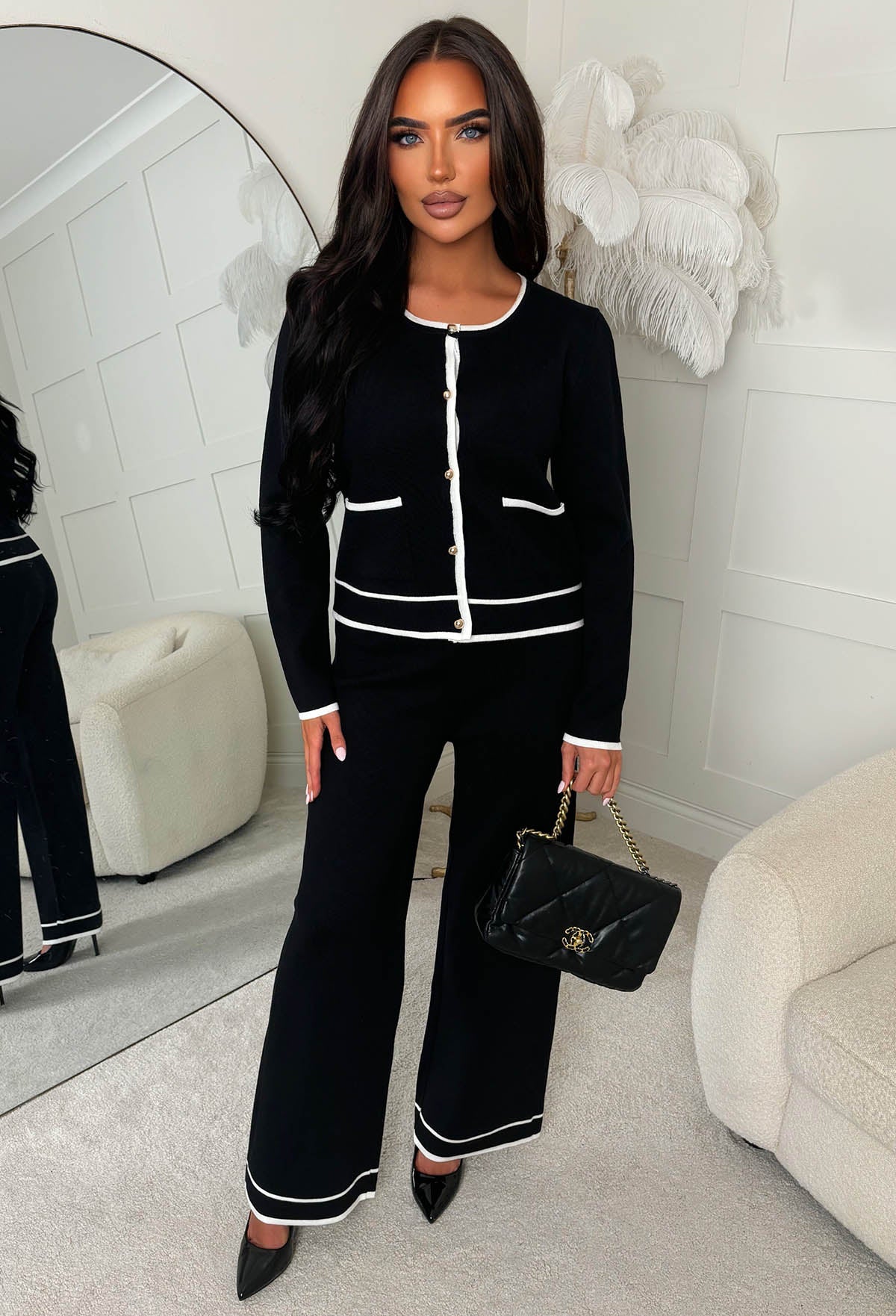 From London With Love Black Contrast Piping Knitted Set Pink