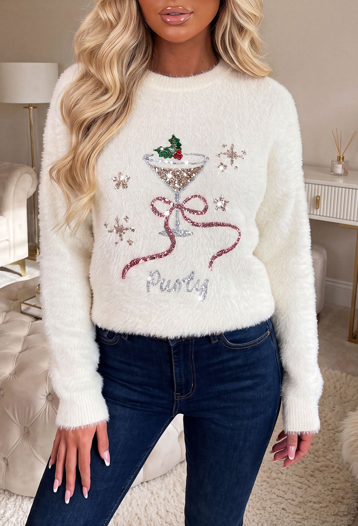 Cream fluffy Christmas jumper with long sleeves, crew neck and sequin martini glass and red ribbon detail.