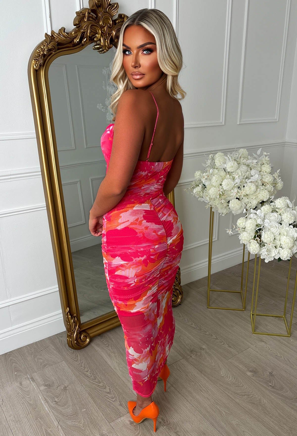 Fruity Tutti Pink Printed Cowl Neck Mesh Cami Midi Dress