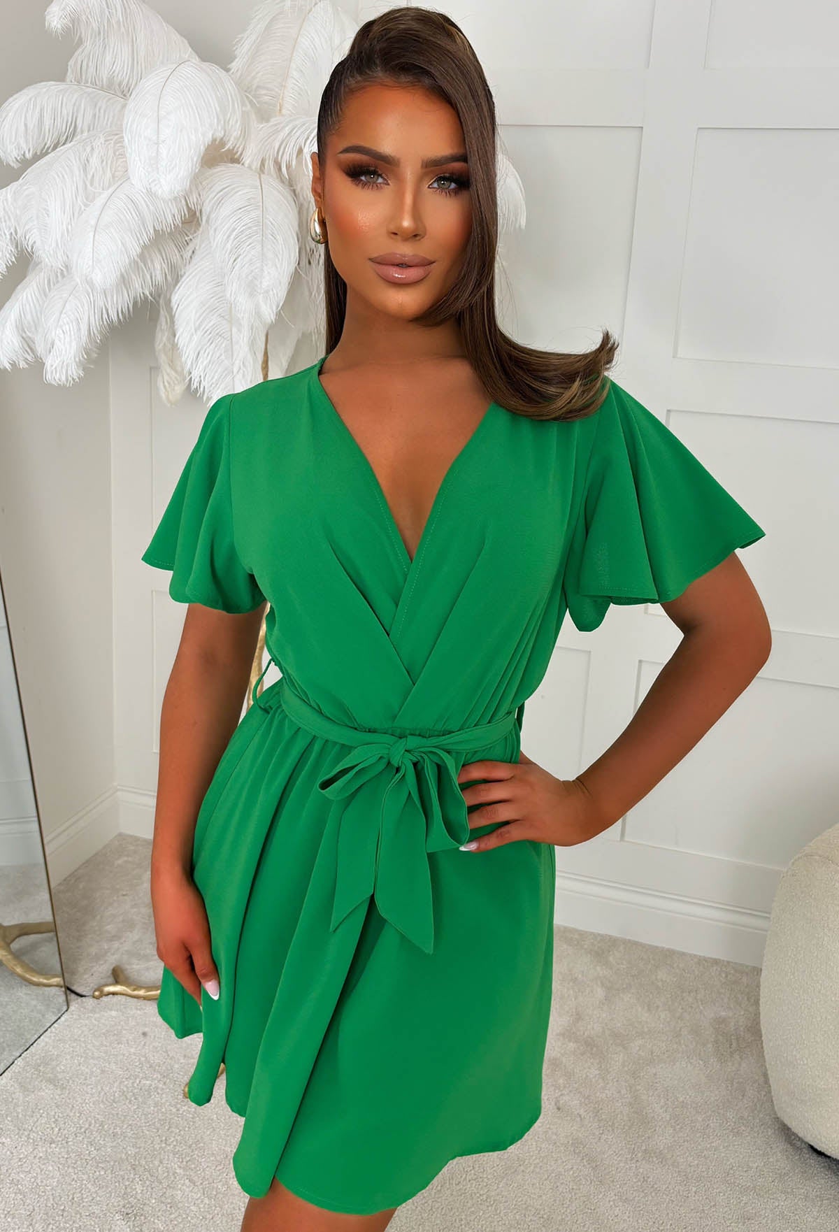 Fun To Be Free Green V Neck Elasticated Waist Belted Mini Dress | Pink Boutique Fun To Be Free Green V Neck Elasticated Waist Belted Mini Dress | Pink Boutique