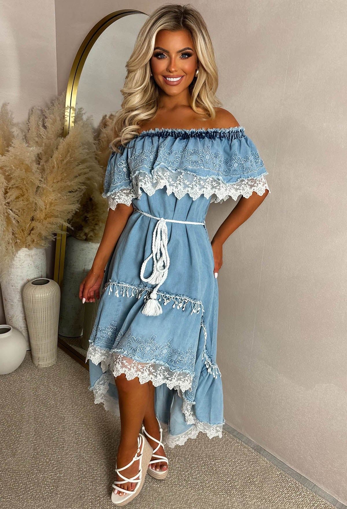 Fun To Flirt Blue Bardot Boho Lace Trim Chambray Dress | Pink Boutique Fun To Flirt Blue Bardot Boho Lace Trim Chambray Dress | Pink Boutique