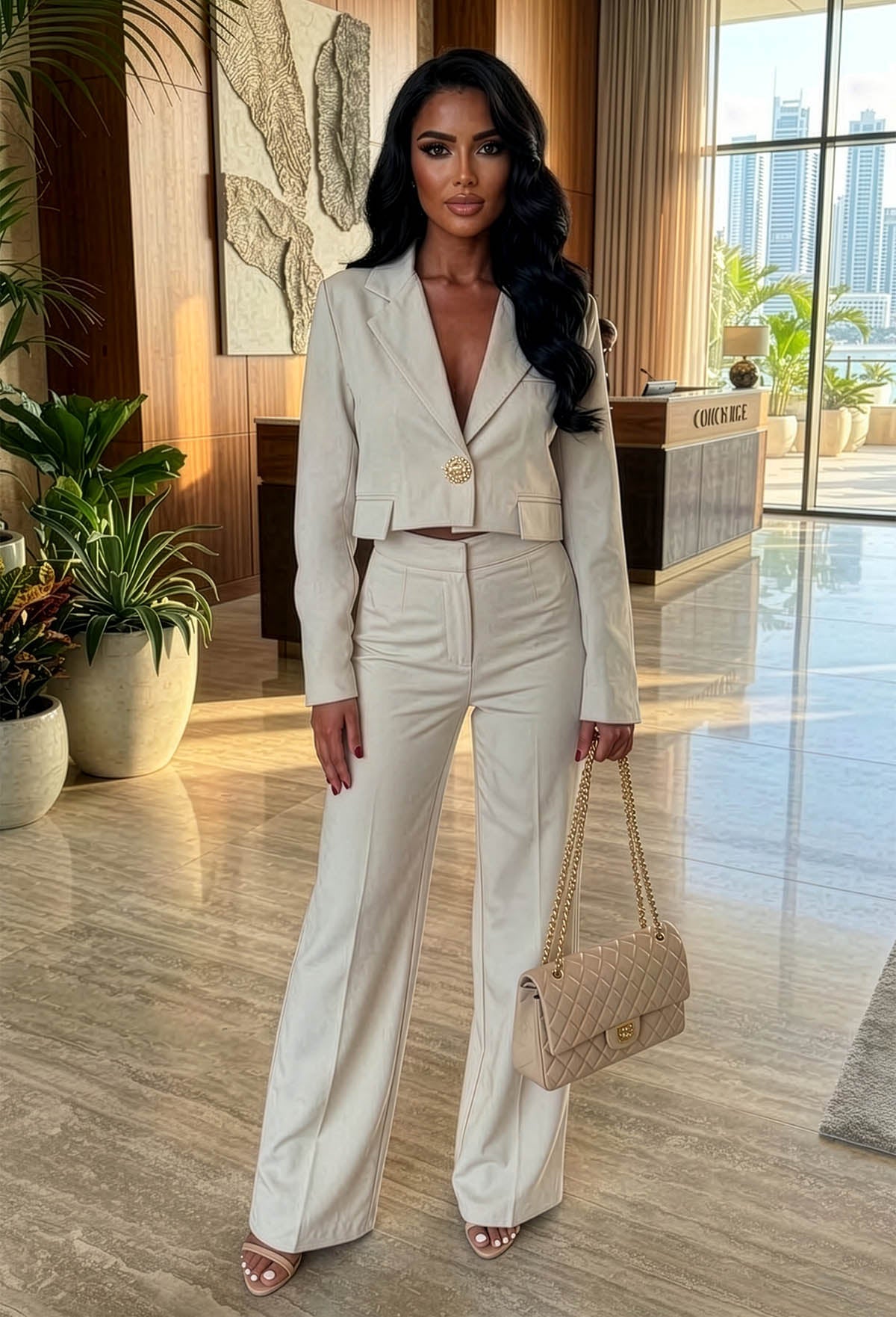 Gilded Grace Nude Cropped Gold Button Blazer