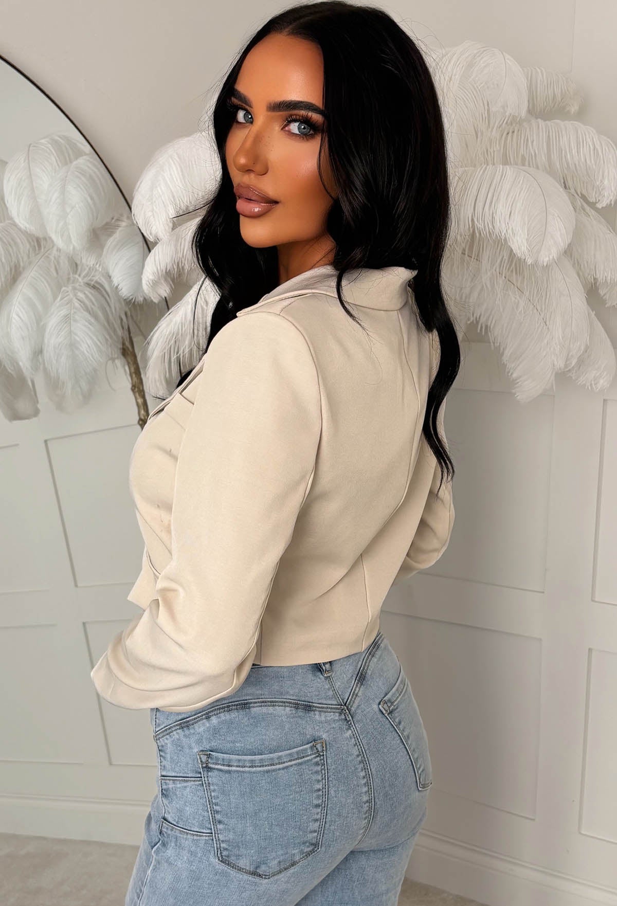 Gilded Grace Nude Cropped Gold Button Blazer