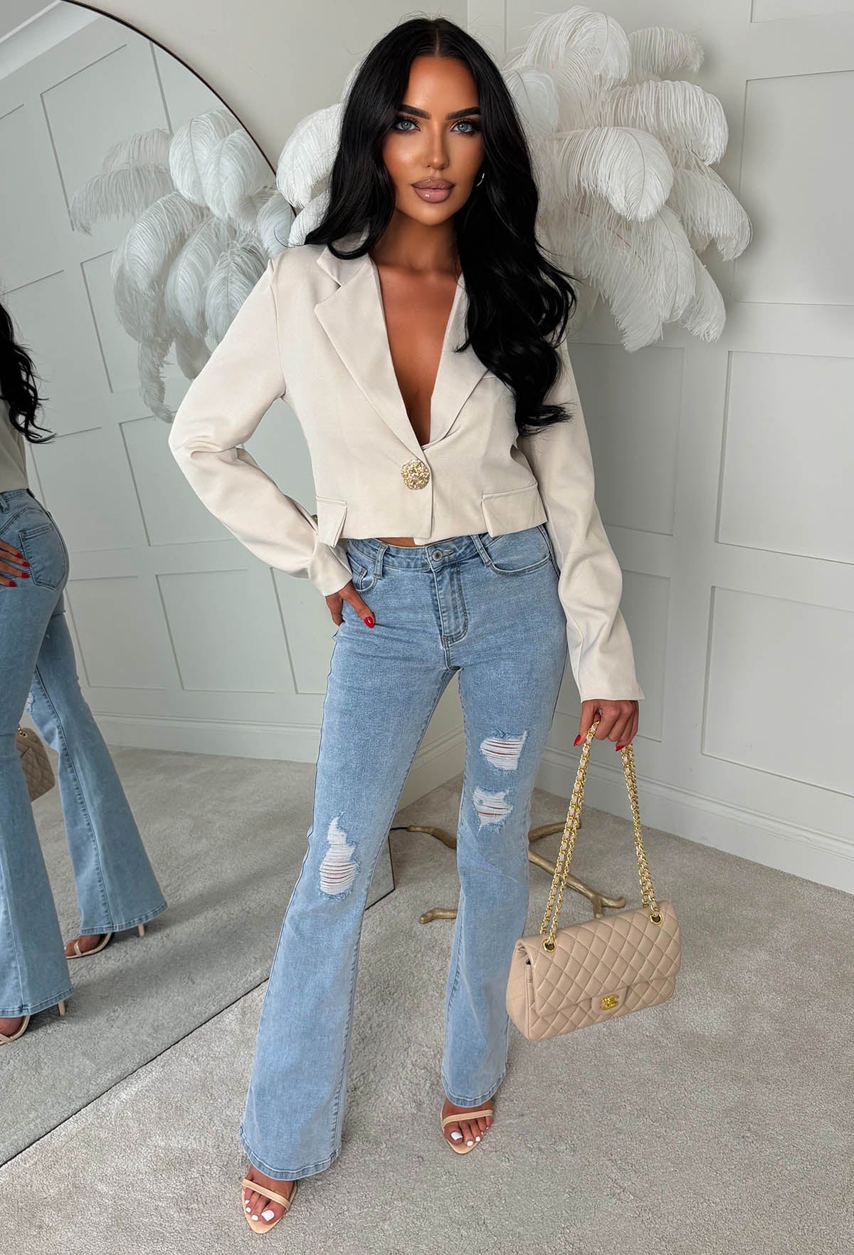 Gilded Grace Nude Cropped Gold Button Blazer