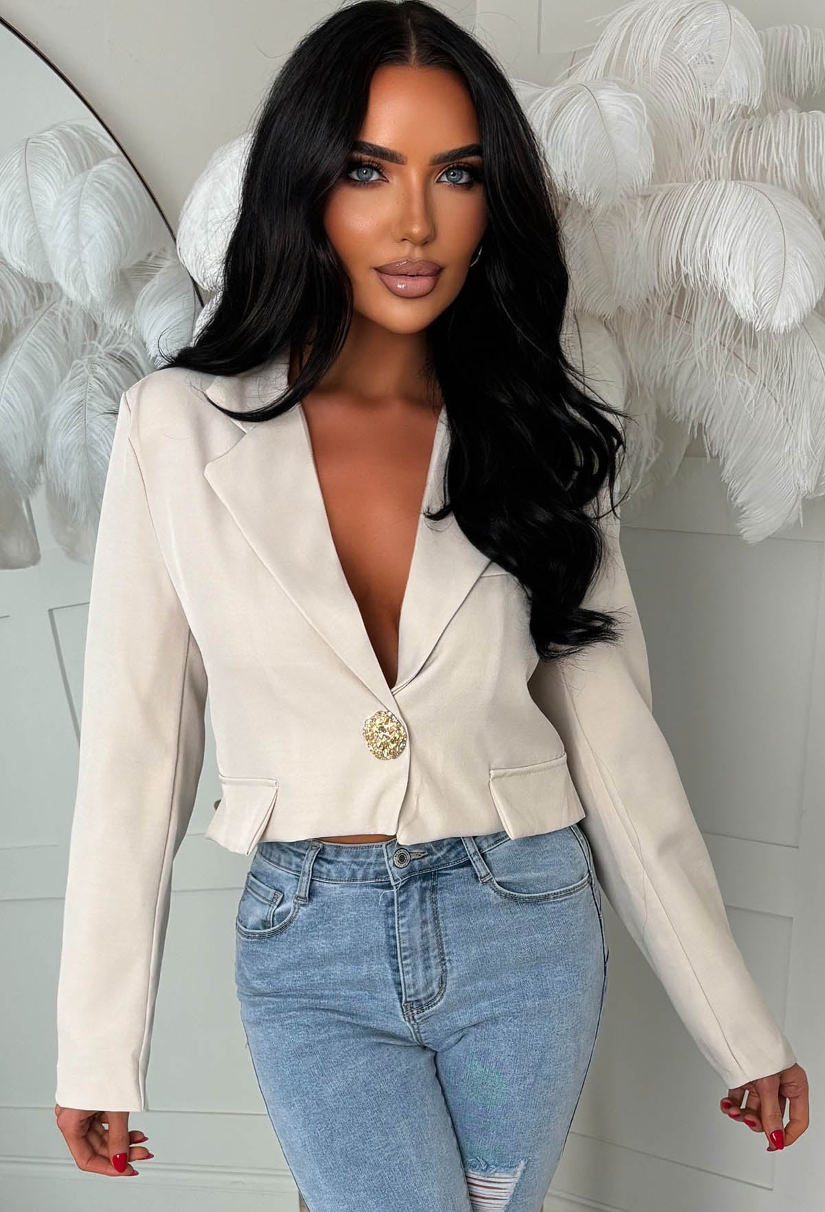 Gilded Grace Nude Cropped Gold Button Blazer