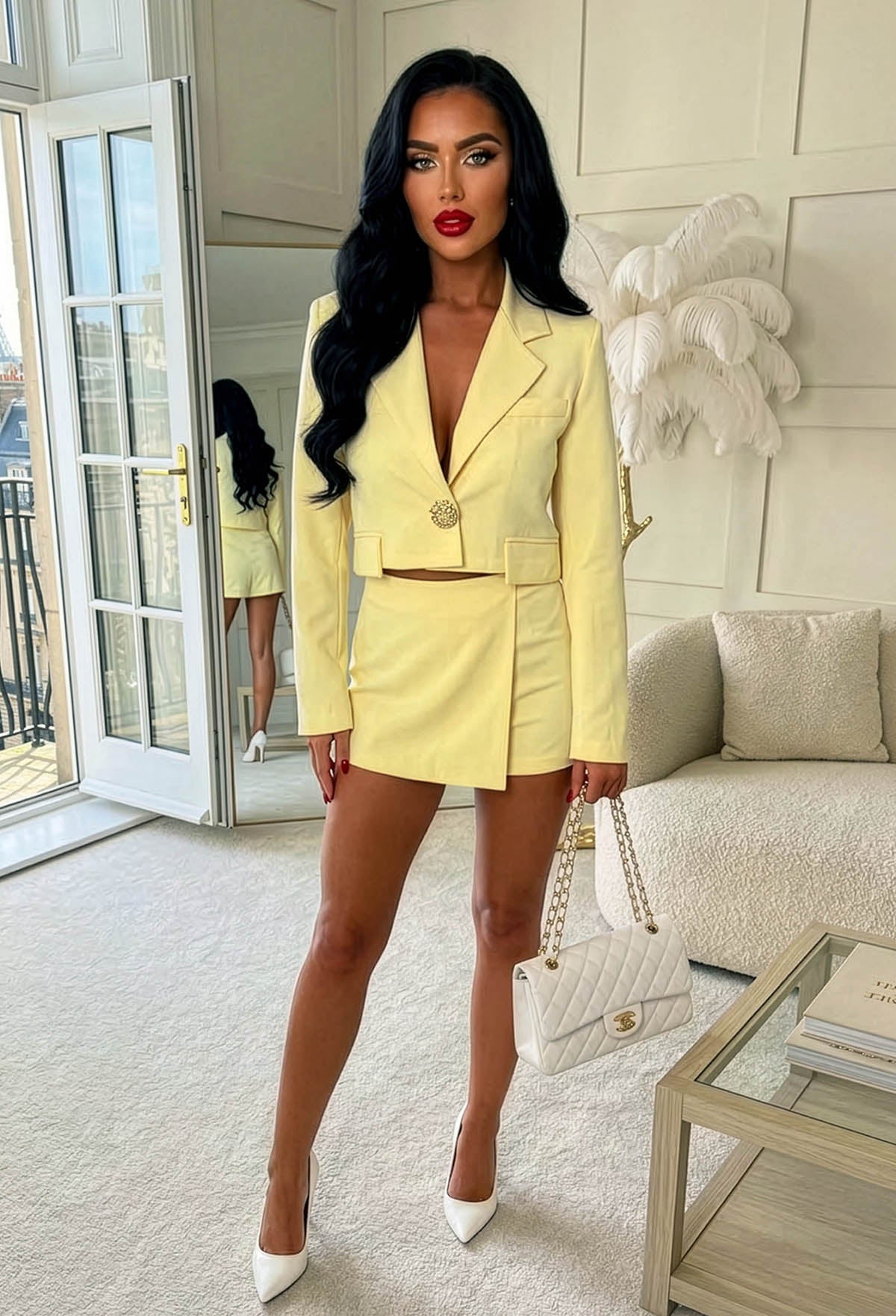 Gilded Grace Yellow Cropped Gold Button Blazer