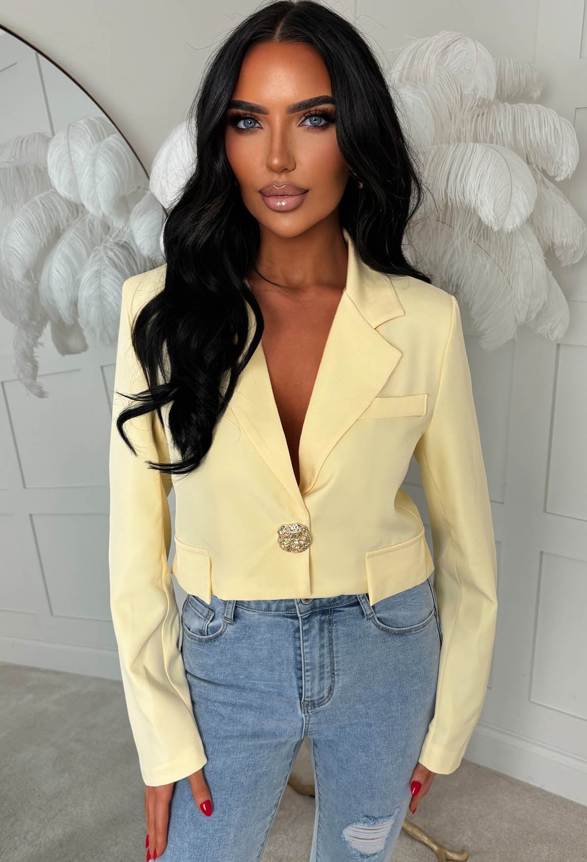 Gilded Grace Yellow Cropped Gold Button Blazer