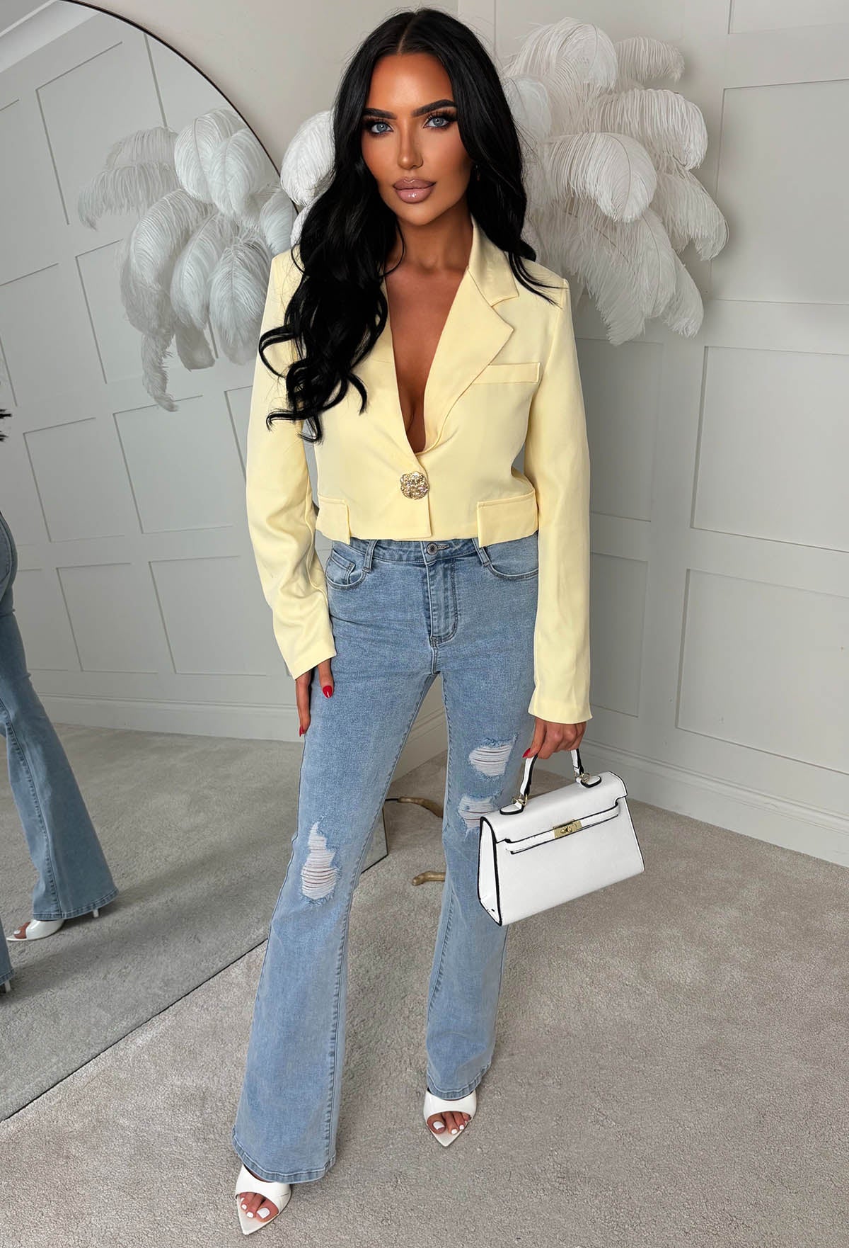 Gilded Grace Yellow Cropped Gold Button Blazer