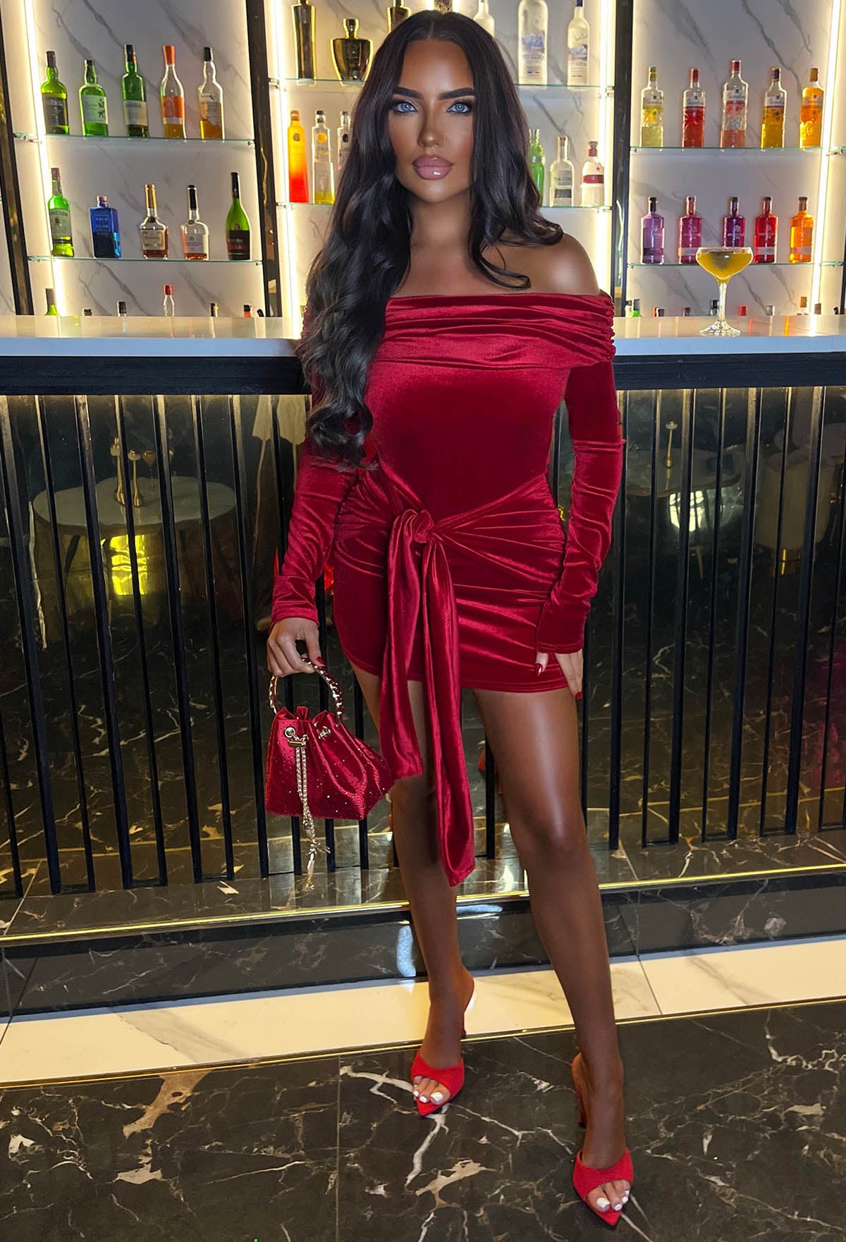 Ginny Red Velvet Tie Front Off The Shoulder Mini Dress