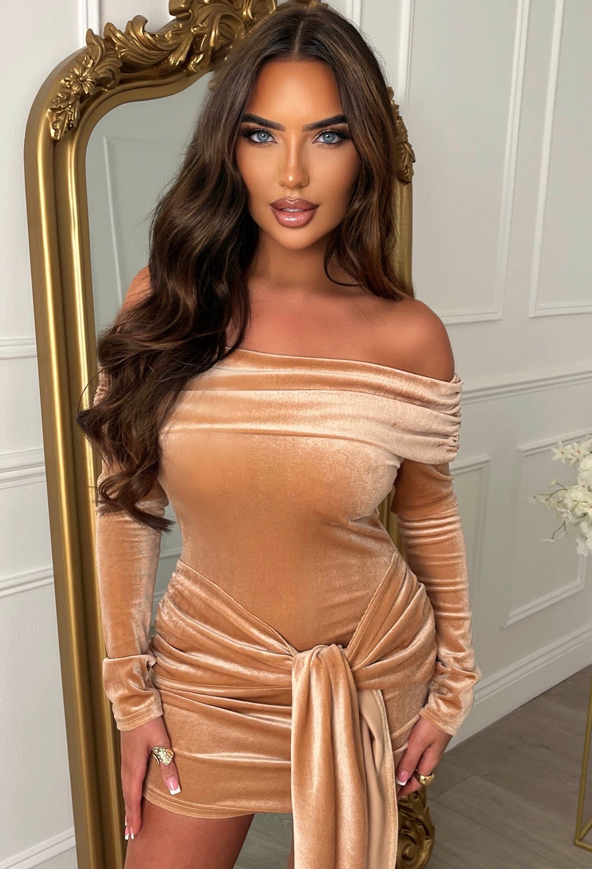 Ginny Rose Gold Velvet Tie Front Off The Shoulder Mini Dress