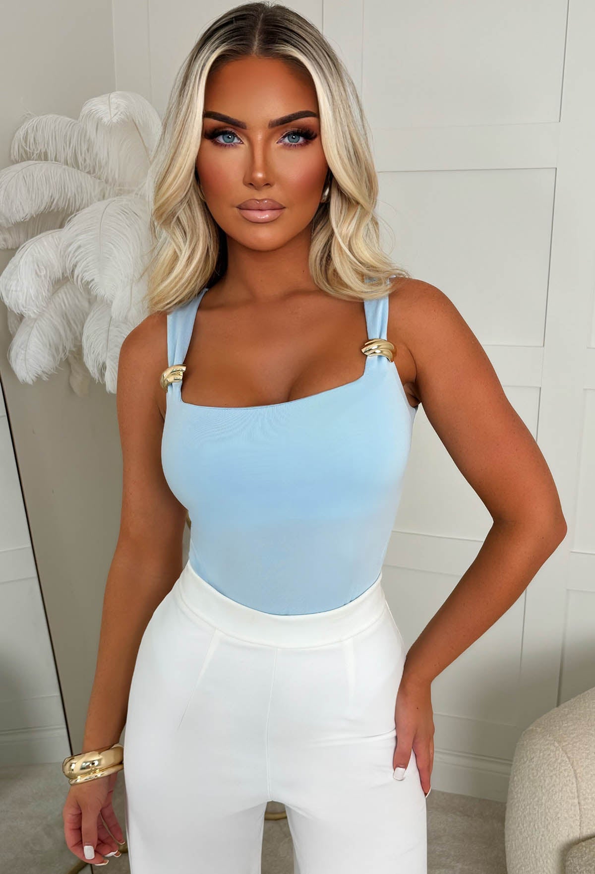 Girl Crush Light Blue Gold Buckle Stretch Bodysuit