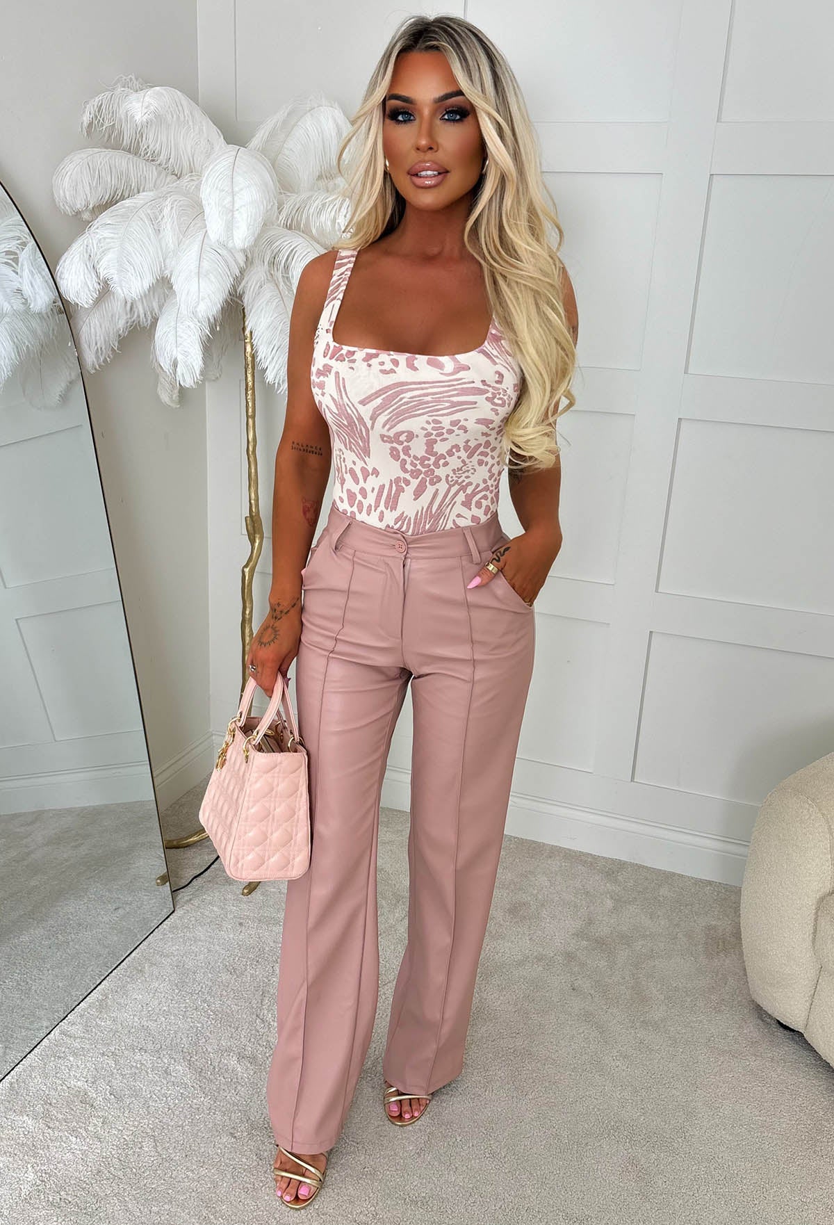 Girl Crush Light Pink Animal Print Square Neck Sleeveless Bodysuit