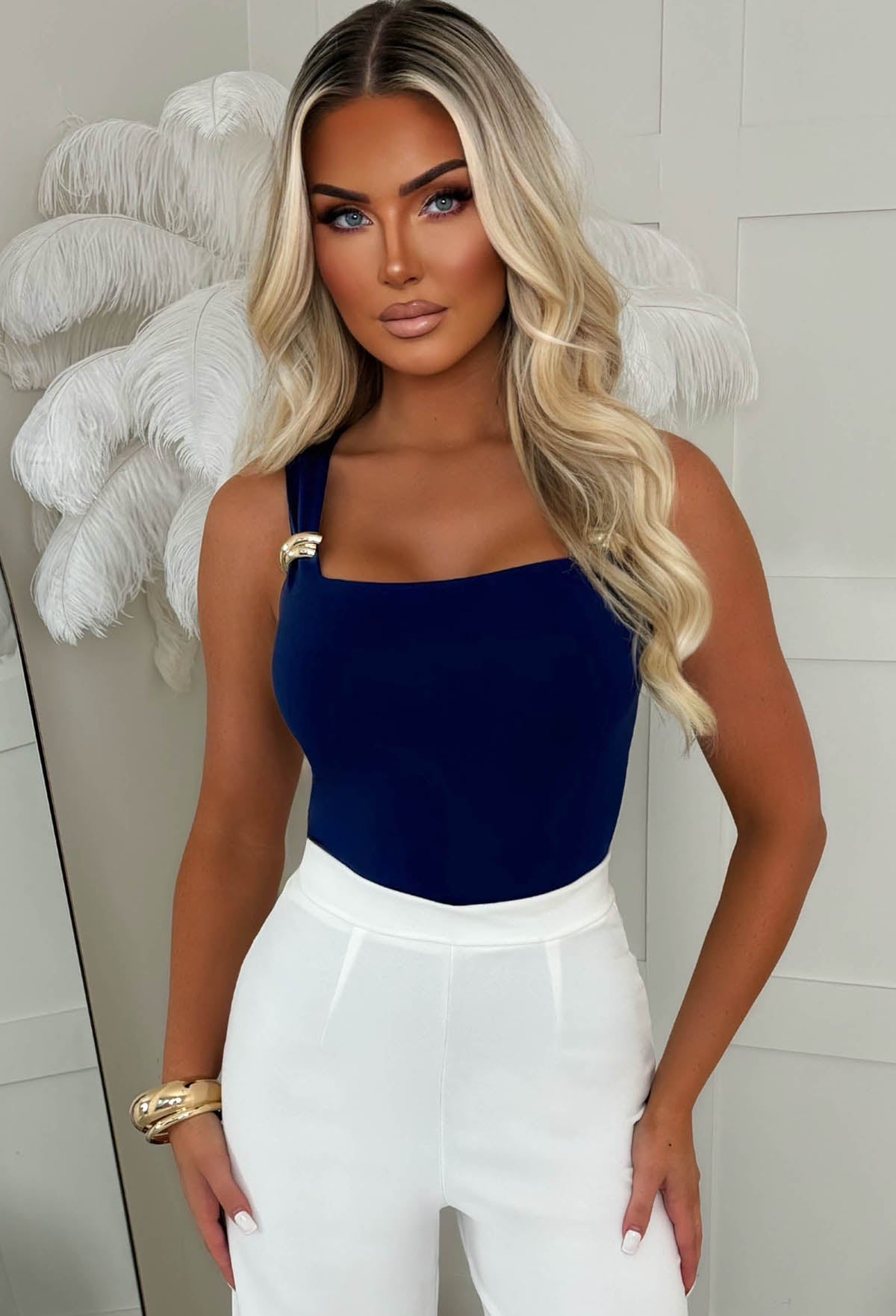 Girl Crush Navy Gold Buckle Stretch Bodysuit