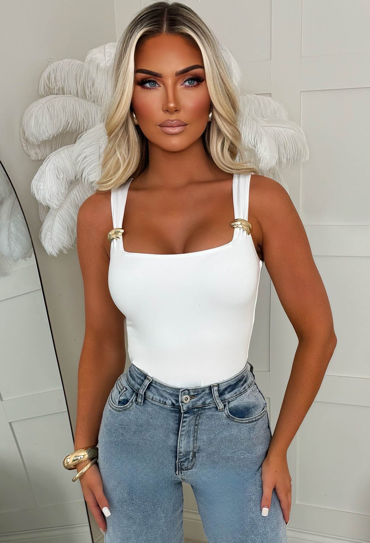 Girl Crush White Gold Buckle Stretch Bodysuit