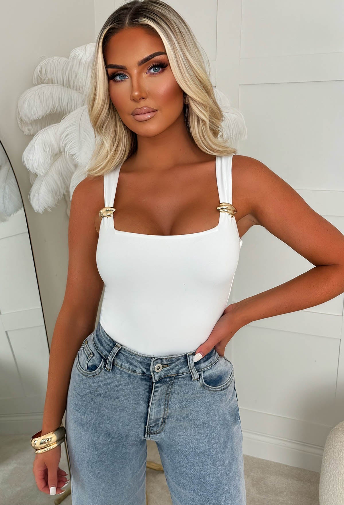 Girl Crush White Gold Buckle Stretch Bodysuit