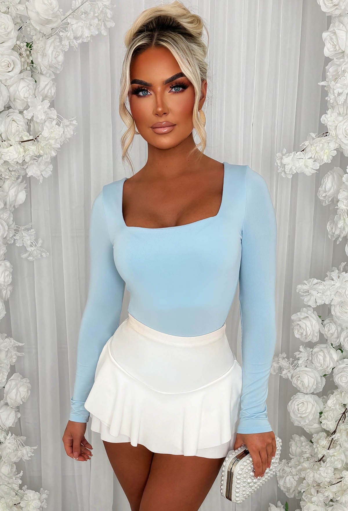 Girl Like Me Light Blue Square Neck Long Sleeve Bodysuit