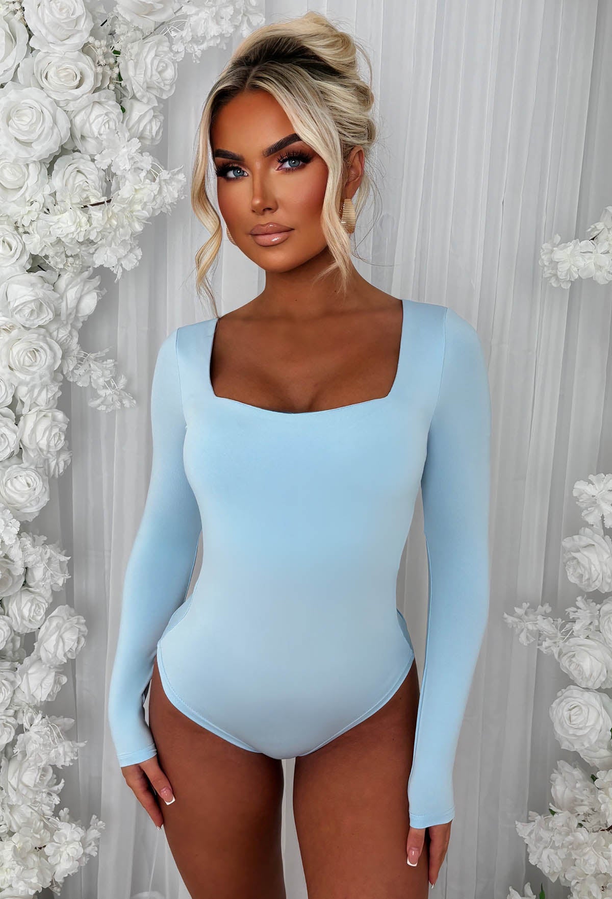 Girl Like Me Light Blue Square Neck Long Sleeve Bodysuit Pink