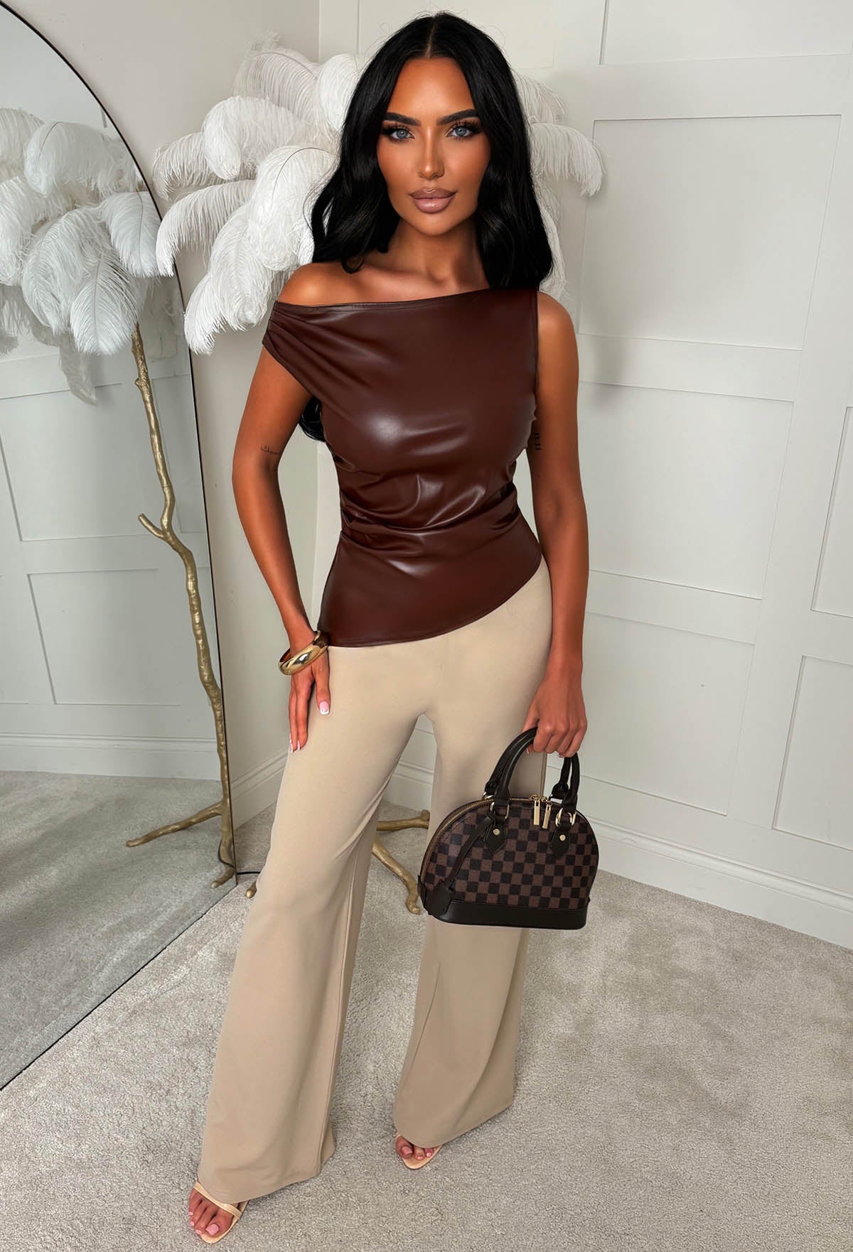 Glam Gloss Chocolate Brown Faux Leather Ruched Top