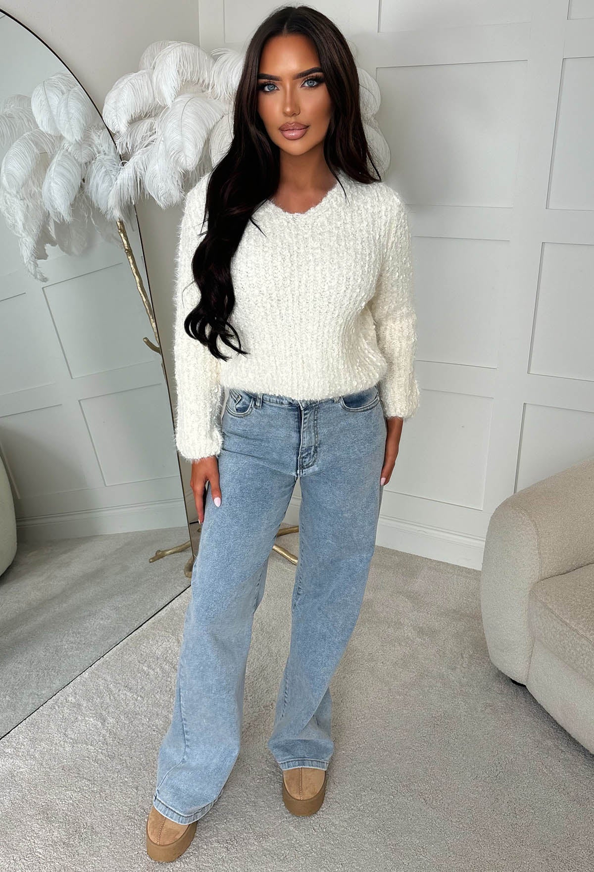 Glam Touch Cream Ultra Soft Fluffy Cropped Jumper