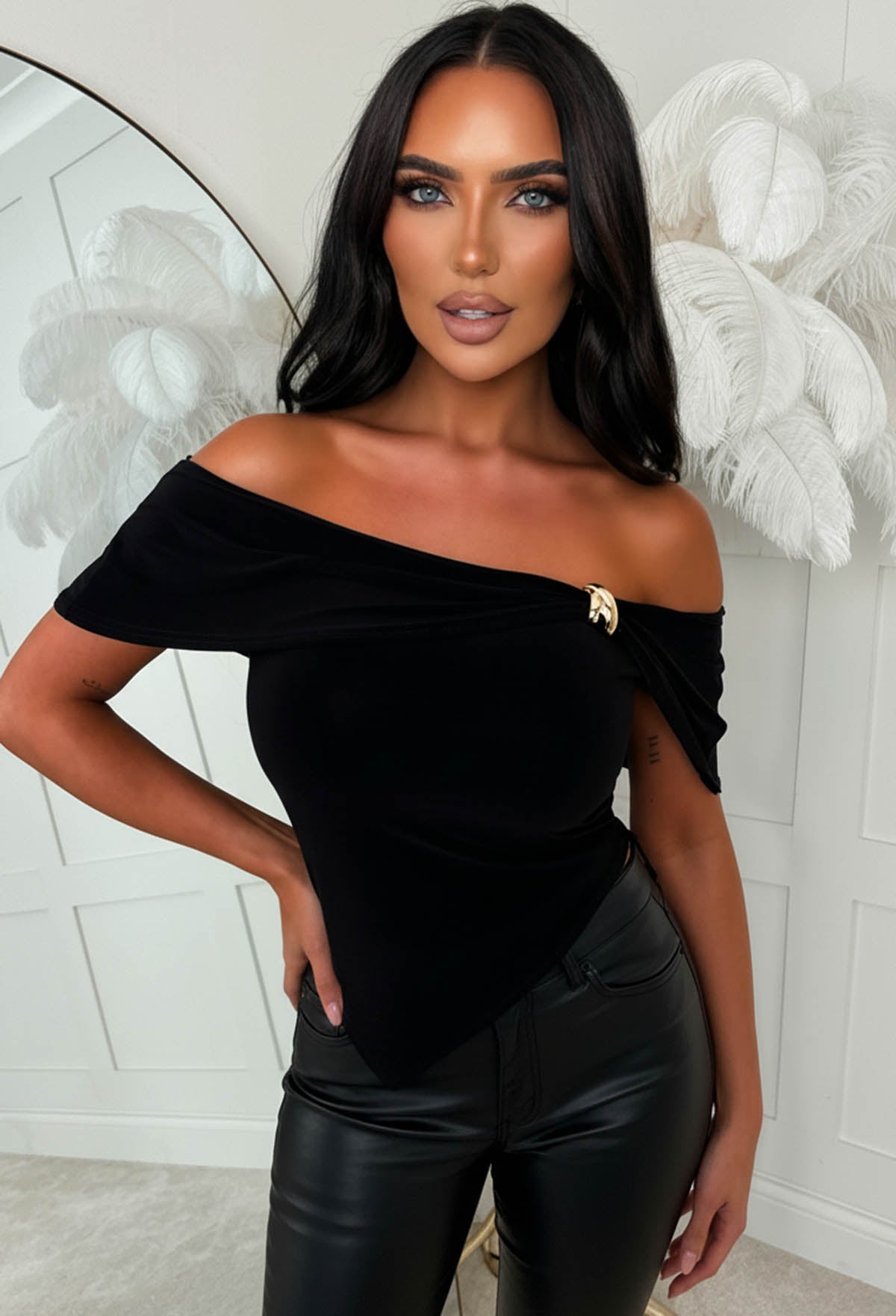 Gleam Curve Black Bardot Gold Detail Asymmetric Top