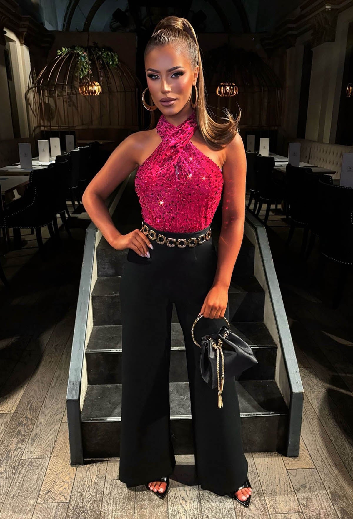 Glitzy Girl Fuchsia Sequin Halter Neck Bodysuit