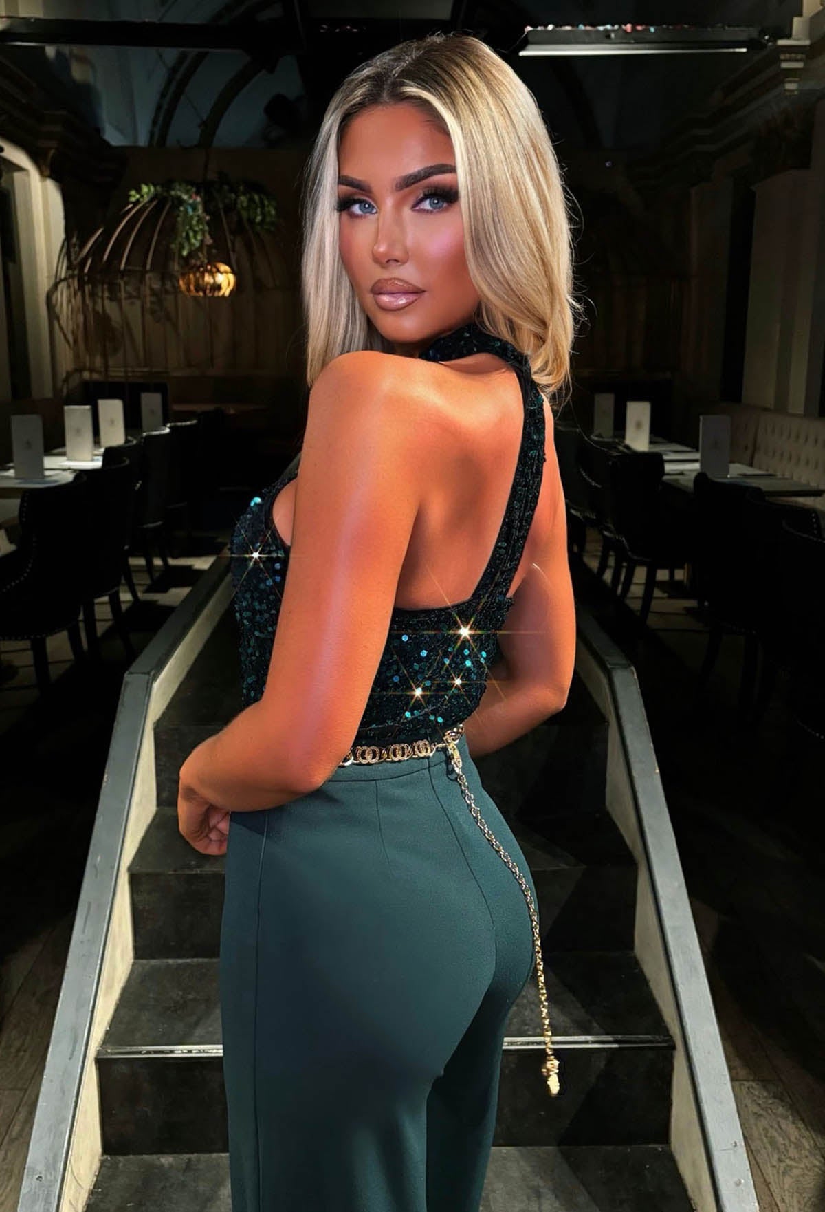 Glitzy Girl Green Sequin Halter Neck Bodysuit