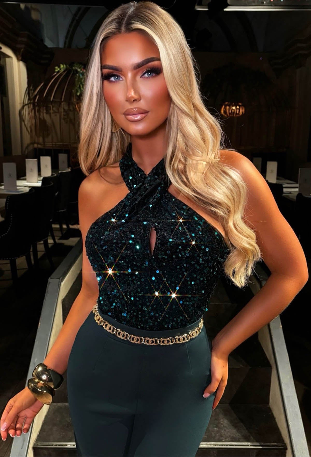 Glitzy Girl Green Sequin Halter Neck Bodysuit