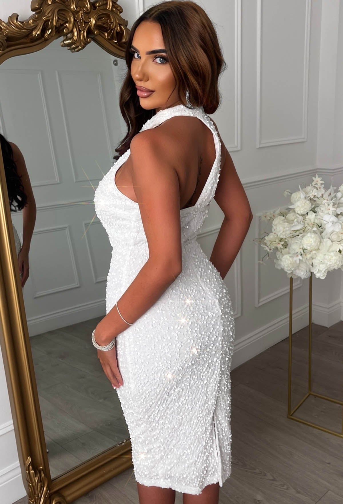Glitzy Glamour White Halterneck Sequin Dress