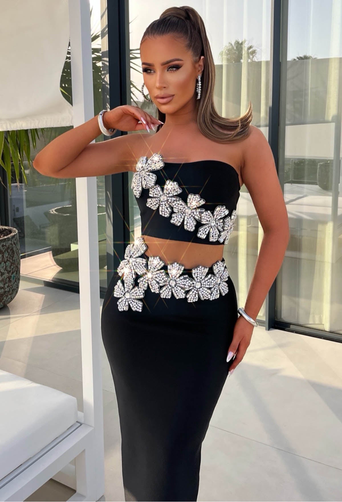 Goddess Mode On Black Diamante Flower Maxi Skirt Co-Ord Set