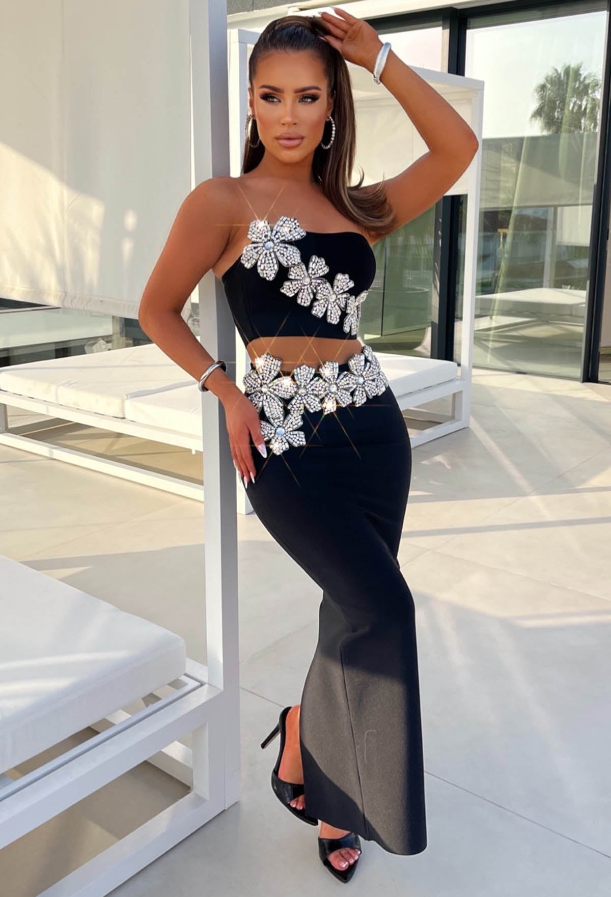 Goddess Mode On Black Diamante Flower Maxi Skirt Co-Ord Set