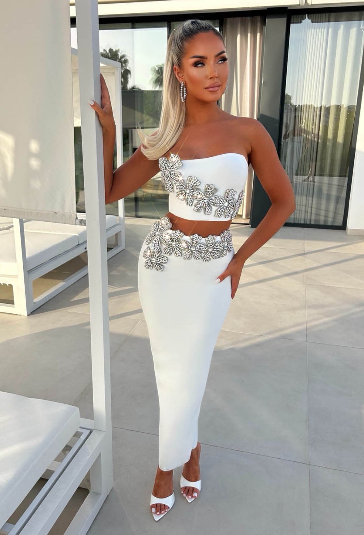 Goddess Mode On White Diamante Flower Maxi Skirt Co-Ord Set