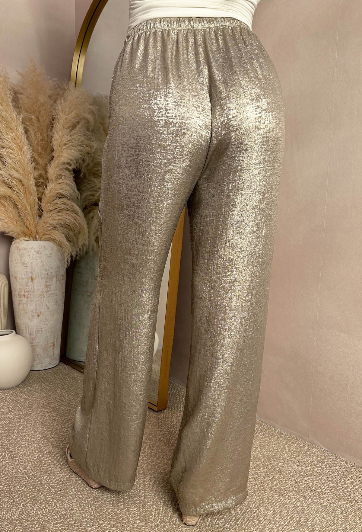 Golden Glow Champagne Metallic Drawstring Straight Trousers